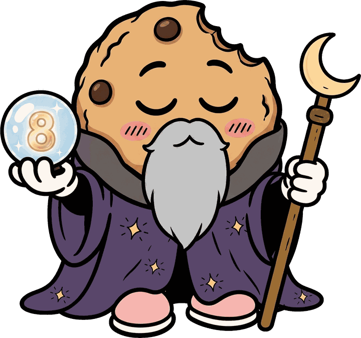 Bisc8: a cookie-headed wizard cradling a crystal ball with an 8 and a crescent-moon staff