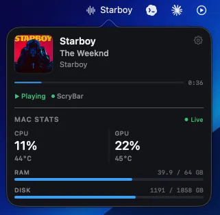 ScryBar Companion popover: Now Playing + live Mac Stats